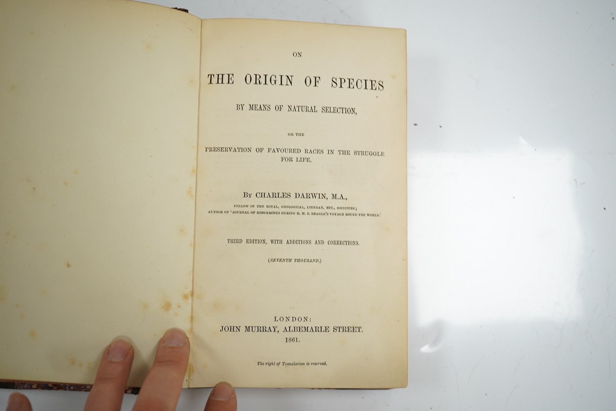 Darwin, Charles - On the Origin of Species by Means of Natural Selection, or the preservation of favoured races in the struggle for life. 3rd Edition, with additions and corrections. (Seventh Thousand). folded diagram; e